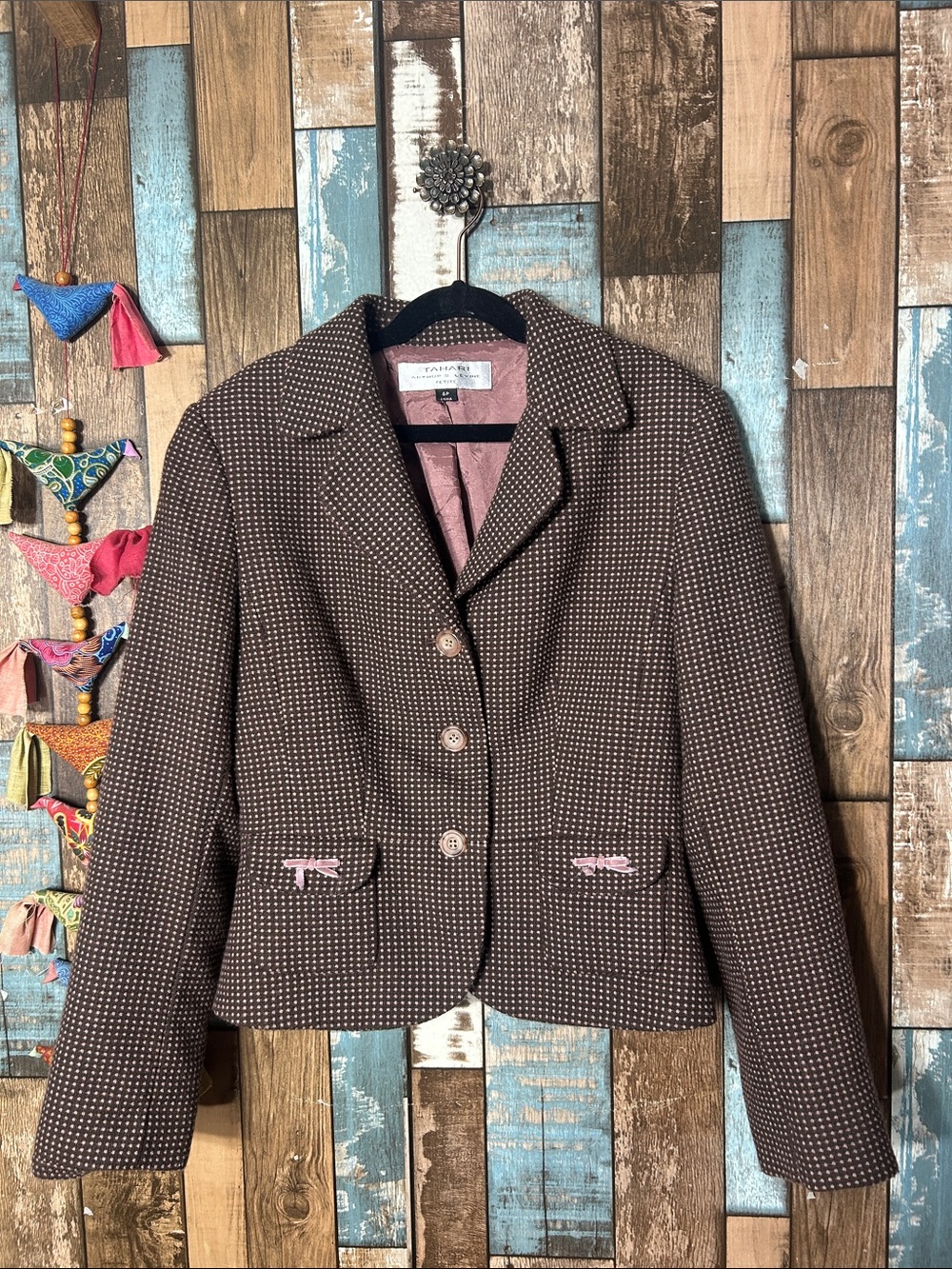 Tahari Brown Tweed Blazer with Pink bow Accents